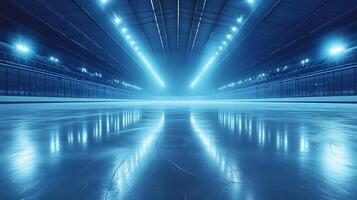 Professional ice arena showcases empty skating rink with glossy surface reflecting bright stadium lights, creating dramatic atmosphere with blue illumination and misty cool environment. cool photo