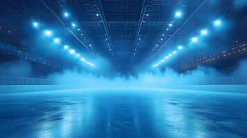 Professional ice arena showcases empty skating rink with glossy surface reflecting bright stadium lights, creating dramatic atmosphere with blue illumination and misty cool environment. indoor photo