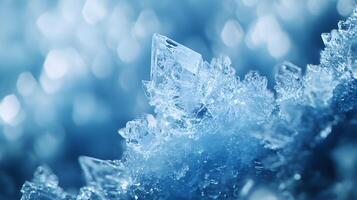 Detailed macro view reveals delicate ice crystal formations with translucent blue frost patterns, showcasing geometric structures and ethereal frozen shapes in natural mineral arrangements. symmetric photo