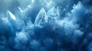 Detailed macro view reveals delicate ice crystal formations with translucent blue frost patterns, showcasing geometric structures and ethereal frozen shapes in natural mineral arrangements. pure photo
