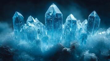 Detailed macro view reveals delicate ice crystal formations with translucent blue frost patterns, showcasing geometric structures and ethereal frozen shapes in natural mineral arrangements. transpare photo