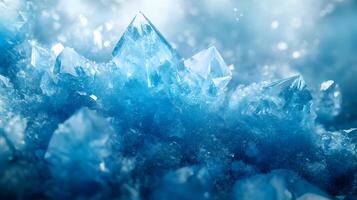 Detailed macro view reveals delicate ice crystal formations with translucent blue frost patterns, showcasing geometric structures and ethereal frozen shapes in natural mineral arrangements. shimmerin photo