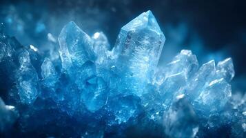 Detailed macro view reveals delicate ice crystal formations with translucent blue frost patterns, showcasing geometric structures and ethereal frozen shapes in natural mineral arrangements. ice photo