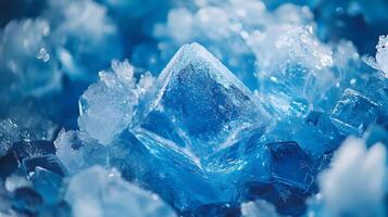 Detailed macro view reveals delicate ice crystal formations with translucent blue frost patterns, showcasing geometric structures and ethereal frozen shapes in natural mineral arrangements. macro photo