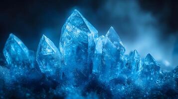 Detailed macro view reveals delicate ice crystal formations with translucent blue frost patterns, showcasing geometric structures and ethereal frozen shapes in natural mineral arrangements. frost photo