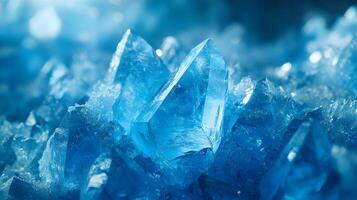 Detailed macro view reveals delicate ice crystal formations with translucent blue frost patterns, showcasing geometric structures and ethereal frozen shapes in natural mineral arrangements. delicate photo