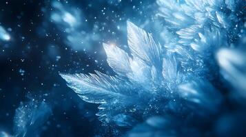 Detailed macro view reveals delicate ice crystal formations with translucent blue frost patterns, showcasing geometric structures and ethereal frozen shapes in natural mineral arrangements. blue photo