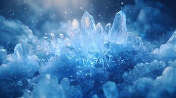 Detailed macro view reveals delicate ice crystal formations with translucent blue frost patterns, showcasing geometric structures and ethereal frozen shapes in natural mineral arrangements. transluce photo