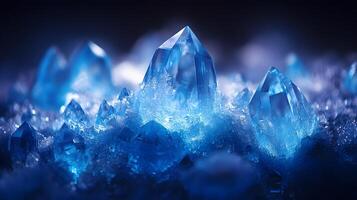 Detailed macro view reveals delicate ice crystal formations with translucent blue frost patterns, showcasing geometric structures and ethereal frozen shapes in natural mineral arrangements. patterns photo