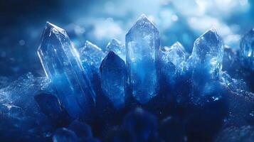 Detailed macro view reveals delicate ice crystal formations with translucent blue frost patterns, showcasing geometric structures and ethereal frozen shapes in natural mineral arrangements. frozen photo