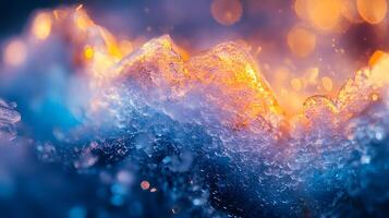 Detailed macro view reveals delicate ice crystal formations with translucent blue frost patterns, showcasing geometric structures and ethereal frozen shapes in natural mineral arrangements. geometric photo