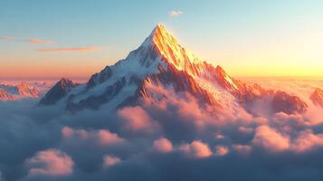 Mountain landscape features snow-capped peaks illuminated by golden sunrise, surrounded by misty clouds at base, set against clear blue sky in dramatic alpine scenery. sky photo
