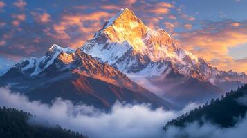 Mountain landscape features snow-capped peaks illuminated by golden sunrise, surrounded by misty clouds at base, set against clear blue sky in dramatic alpine scenery. landscape photo
