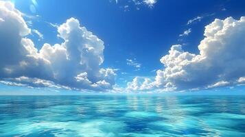 Tropical paradise scene combines pristine blue sky with crystal-clear turquoise waters, revealing vibrant coral reef beneath surface while white cumulus clouds float overhead. tranquil photo