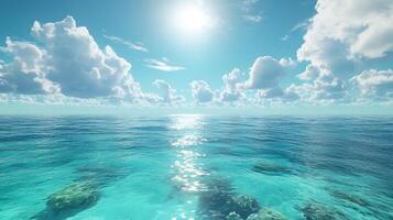 Tropical paradise scene combines pristine blue sky with crystal-clear turquoise waters, revealing vibrant coral reef beneath surface while white cumulus clouds float overhead. peaceful photo