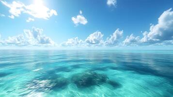 Tropical paradise scene combines pristine blue sky with crystal-clear turquoise waters, revealing vibrant coral reef beneath surface while white cumulus clouds float overhead. serene photo