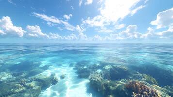 Tropical paradise scene combines pristine blue sky with crystal-clear turquoise waters, revealing vibrant coral reef beneath surface while white cumulus clouds float overhead. divine photo