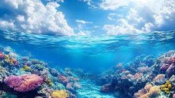 Tropical paradise scene combines pristine blue sky with crystal-clear turquoise waters, revealing vibrant coral reef beneath surface while white cumulus clouds float overhead. heavenly photo