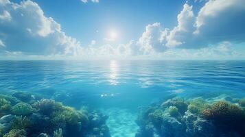 Tropical paradise scene combines pristine blue sky with crystal-clear turquoise waters, revealing vibrant coral reef beneath surface while white cumulus clouds float overhead. breathtaking photo