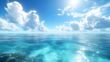 Tropical paradise scene combines pristine blue sky with crystal-clear turquoise waters, revealing vibrant coral reef beneath surface while white cumulus clouds float overhead. paradise photo