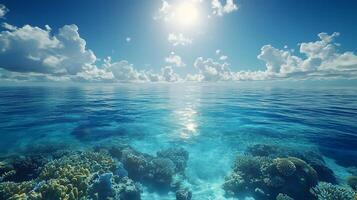 Tropical paradise scene combines pristine blue sky with crystal-clear turquoise waters, revealing vibrant coral reef beneath surface while white cumulus clouds float overhead. sky photo