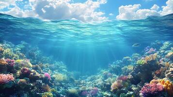Tropical paradise scene combines pristine blue sky with crystal-clear turquoise waters, revealing vibrant coral reef beneath surface while white cumulus clouds float overhead. crystal photo