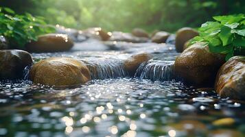 Nature scene depicts serene flowing stream with smooth river rocks, featuring crystal-clear water reflecting sunlight, surrounded by fresh green leaves in misty morning atmosphere. crystal photo