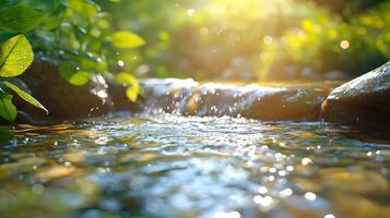 Nature scene depicts serene flowing stream with smooth river rocks, featuring crystal-clear water reflecting sunlight, surrounded by fresh green leaves in misty morning atmosphere. natural photo