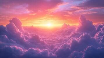Dramatic skyscape showcases vibrant sunset with pink and purple hues, featuring golden orange horizon and wispy cloud formations in magical twilight atmosphere. wispy photo