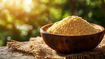 Rustic food photography presents wheat flour in wooden bowl against golden wheat field backdrop, with soft morning sunlight creating warm tones and organic atmosphere. farmhouse photo