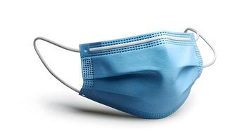 Simple blue surgical mask illustration floats against pure white background. Clean design emphasizes medical protection with subtle shadow beneath disposable face covering. practical photo