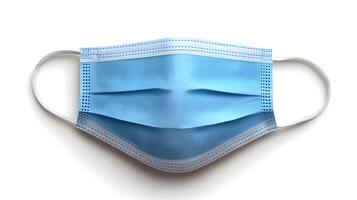 Simple blue surgical mask illustration floats against pure white background. Clean design emphasizes medical protection with subtle shadow beneath disposable face covering. functional photo