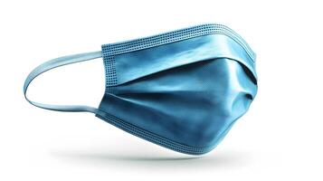 Simple blue surgical mask illustration floats against pure white background. Clean design emphasizes medical protection with subtle shadow beneath disposable face covering. crucial photo