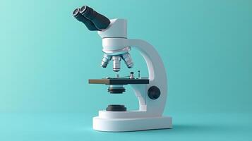 Minimalist white microscope illustration rendered in cartoon style. Simple design features turquoise accents, creating professional yet approachable scientific equipment representation. scient photo