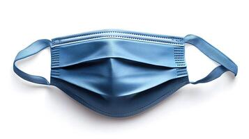 Simple blue surgical mask illustration floats against pure white background. Clean design emphasizes medical protection with subtle shadow beneath disposable face covering. fundamental photo