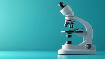 Minimalist white microscope illustration rendered in cartoon style. Simple design features turquoise accents, creating professional yet approachable scientific equipment representation. micros photo