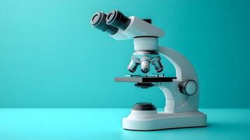 Minimalist white microscope illustration rendered in cartoon style. Simple design features turquoise accents, creating professional yet approachable scientific equipment representation. photo