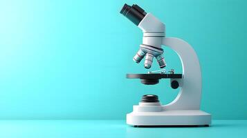 Minimalist white microscope illustration rendered in cartoon style. Simple design features turquoise accents, creating professional yet approachable scientific equipment representation. minima photo