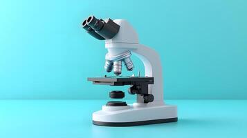 Minimalist white microscope illustration rendered in cartoon style. Simple design features turquoise accents, creating professional yet approachable scientific equipment representation. modern photo