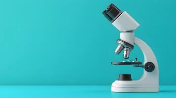 Minimalist white microscope illustration rendered in cartoon style. Simple design features turquoise accents, creating professional yet approachable scientific equipment representation. illust photo