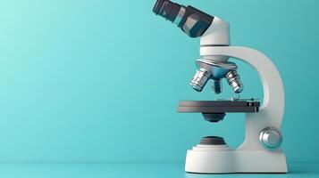 Minimalist white microscope illustration rendered in cartoon style. Simple design features turquoise accents, creating professional yet approachable scientific equipment representation. styliz photo
