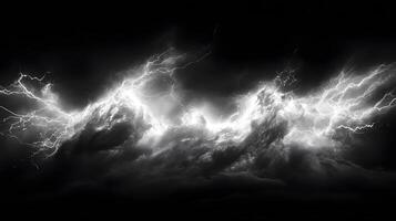 Powerful lightning strikes illuminate dark storm clouds, creating dramatic branching patterns across the night sky. Natural electrical discharge glows intensely in panoramic view branch photo