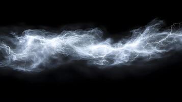 Powerful lightning strikes illuminate dark storm clouds, creating dramatic branching patterns across the night sky. Natural electrical discharge glows intensely in panoramic view pattern photo