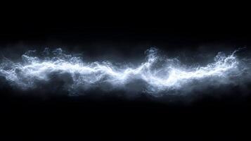 Powerful lightning strikes illuminate dark storm clouds, creating dramatic branching patterns across the night sky. Natural electrical discharge glows intensely in panoramic view glow photo