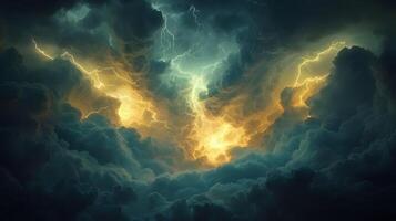 Powerful lightning strikes illuminate dark storm clouds, creating dramatic branching patterns across the night sky. Natural electrical discharge glows intensely in panoramic view strike photo