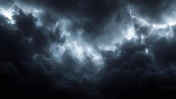 Powerful lightning strikes illuminate dark storm clouds, creating dramatic branching patterns across the night sky. Natural electrical discharge glows intensely in panoramic view electricity photo