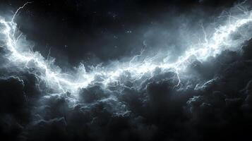 Powerful lightning strikes illuminate dark storm clouds, creating dramatic branching patterns across the night sky. Natural electrical discharge glows intensely in panoramic view bolt photo