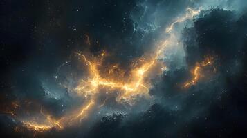 Powerful lightning strikes illuminate dark storm clouds, creating dramatic branching patterns across the night sky. Natural electrical discharge glows intensely in panoramic view cloud photo