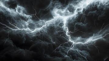 Powerful lightning strikes illuminate dark storm clouds, creating dramatic branching patterns across the night sky. Natural electrical discharge glows intensely in panoramic view night photo