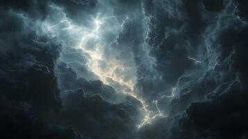 Powerful lightning strikes illuminate dark storm clouds, creating dramatic branching patterns across the night sky. Natural electrical discharge glows intensely in panoramic view discharge photo